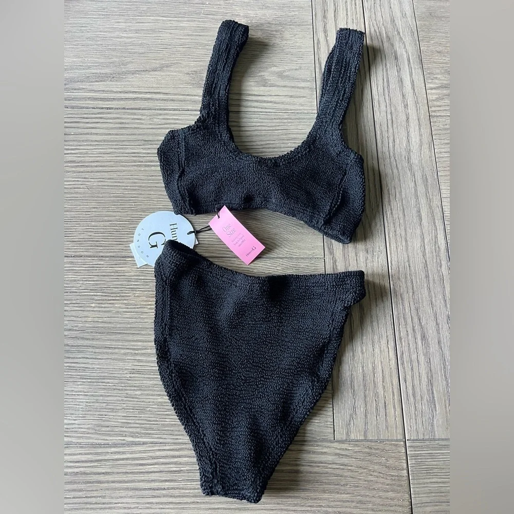 Hunza G Juno Crinkle Twist Two-Piece Swimsuit Black OS NWT 270$